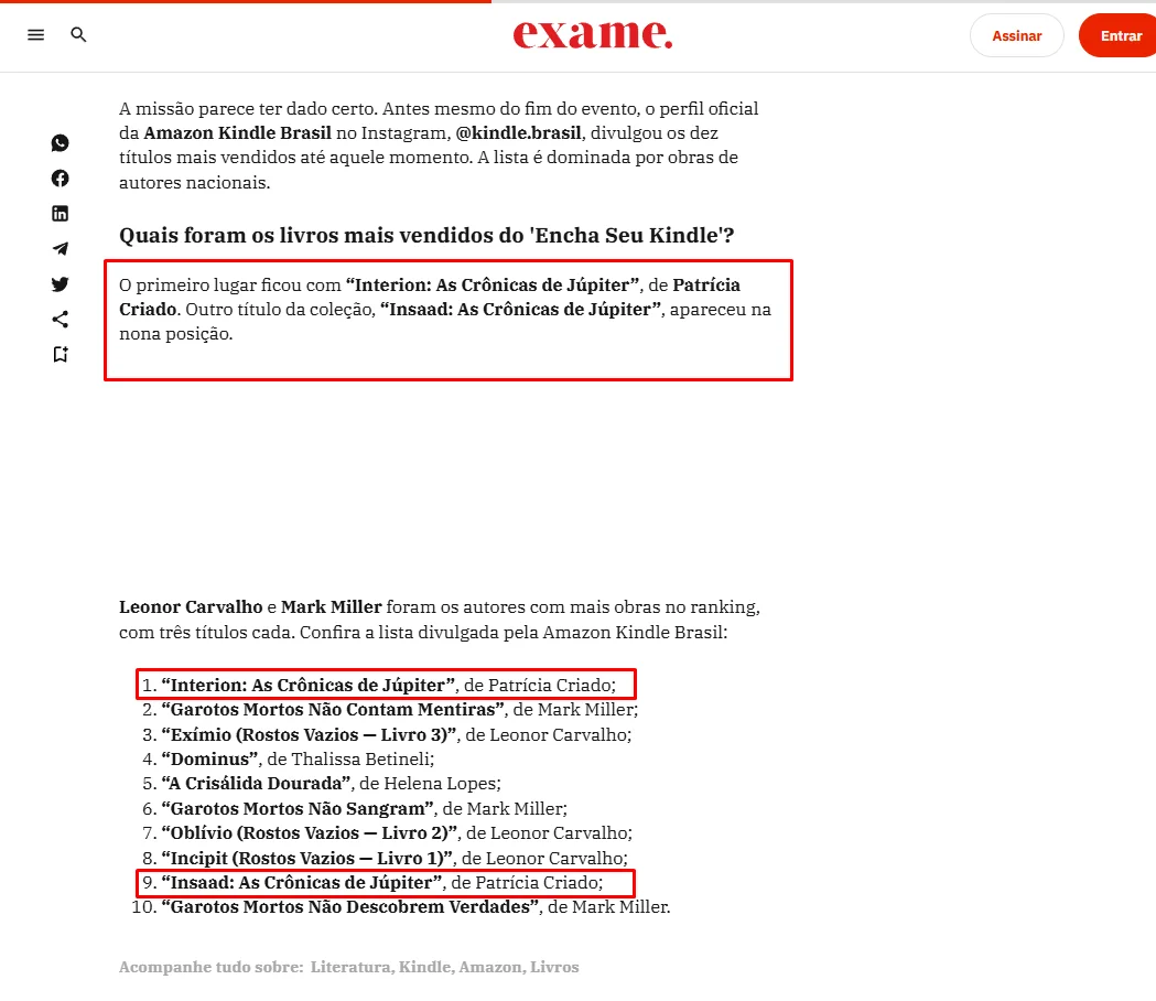 Print da matéria da Exame sobre autores nacionais dominando a lista dos 10 livros mais vendidos, citando Patrícia Criado no Top 1 e no Top 9